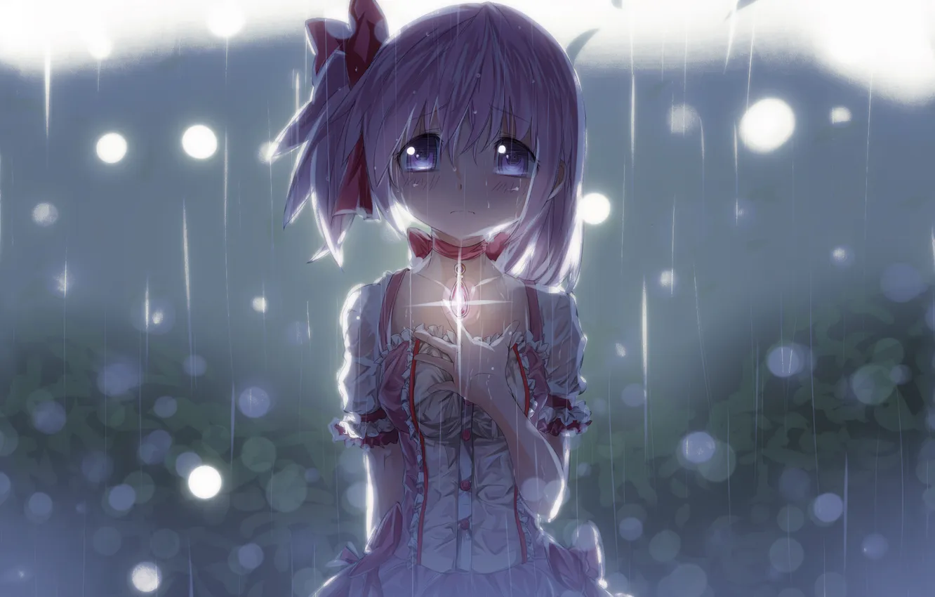 Photo wallpaper girl, lights, rain, anime, tears, art, tape, pendant
