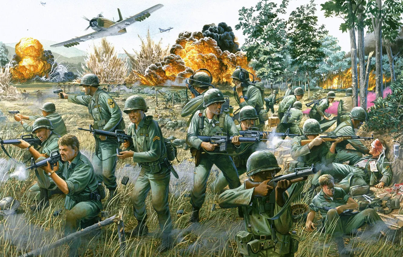 Photo wallpaper war, figure, explosions, battle, Americans, Vietnam, a-1, Battle in the valley of Ya-Drang