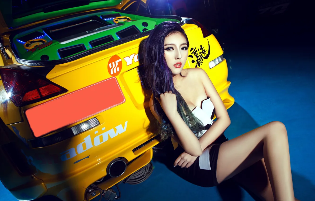 Photo wallpaper look, Girls, Nissan, Asian, beautiful girl, yellow car, posing sitting on the machine