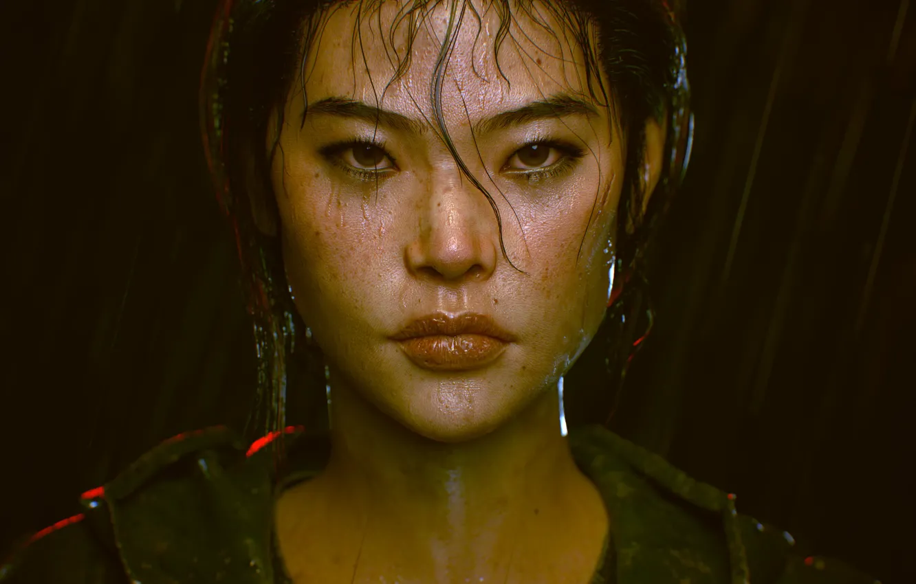 Photo wallpaper rain, graphics, art, lips, Asian, Girl