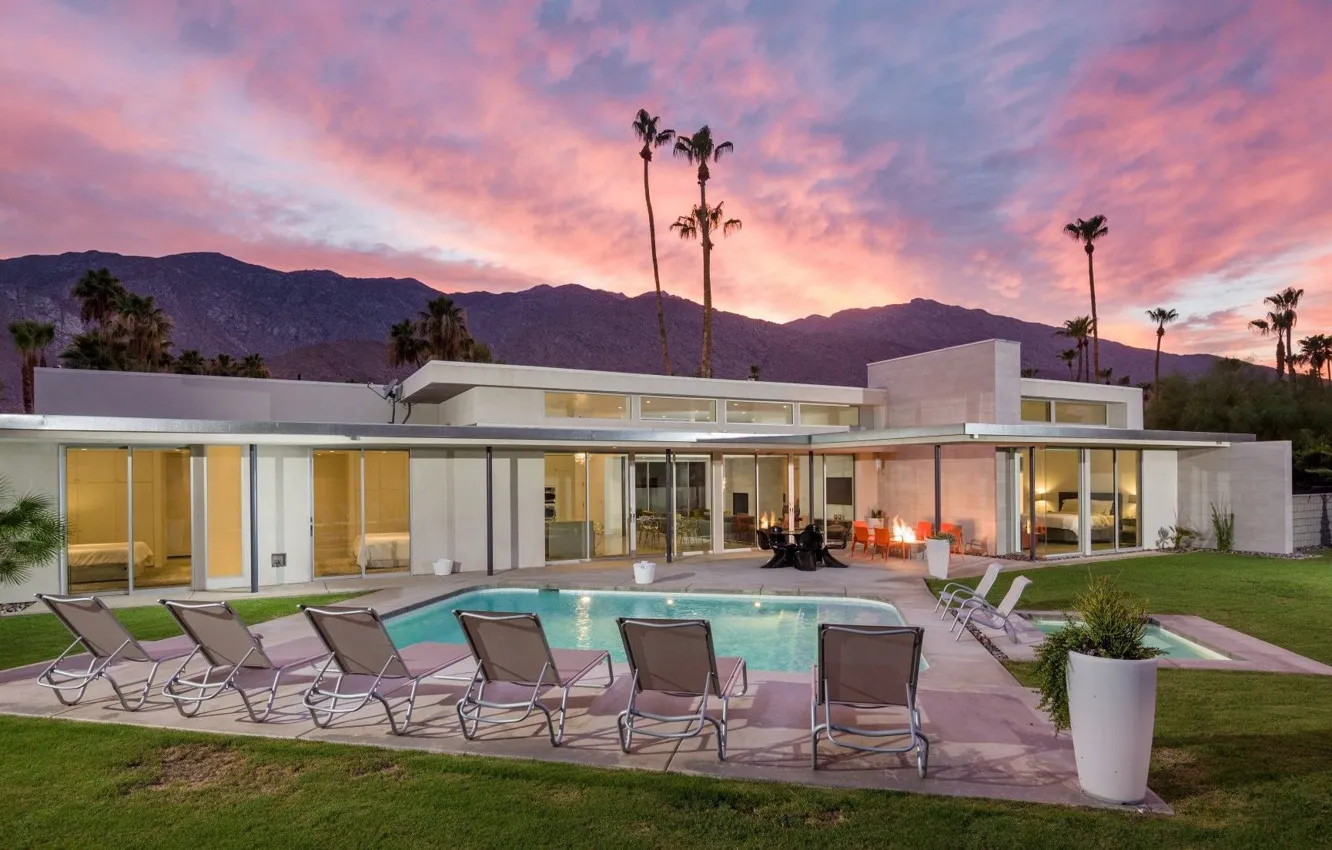 Photo wallpaper palm trees, Villa, the evening, pool, CA, Home in Palm Springs, by OJMR-Architects