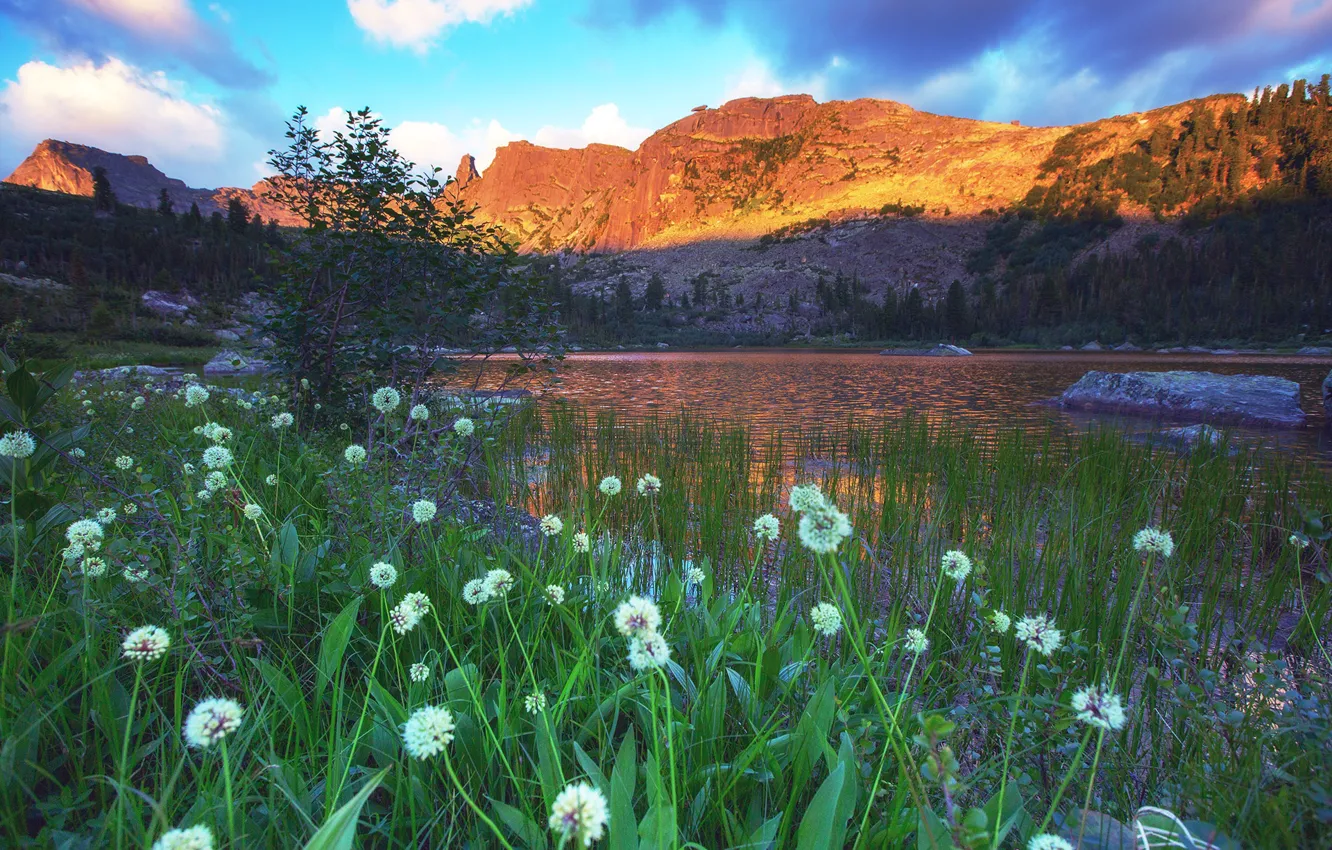 Photo wallpaper grass, landscape, sunset, mountains, nature, lake, Park, ridge