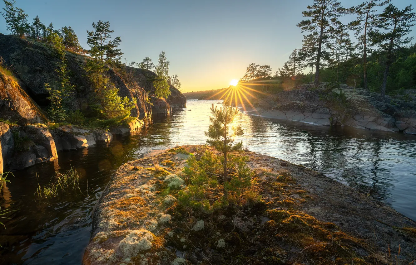 Photo wallpaper the sun, rays, landscape, nature, stones, rocks, Lake Ladoga, Karelia