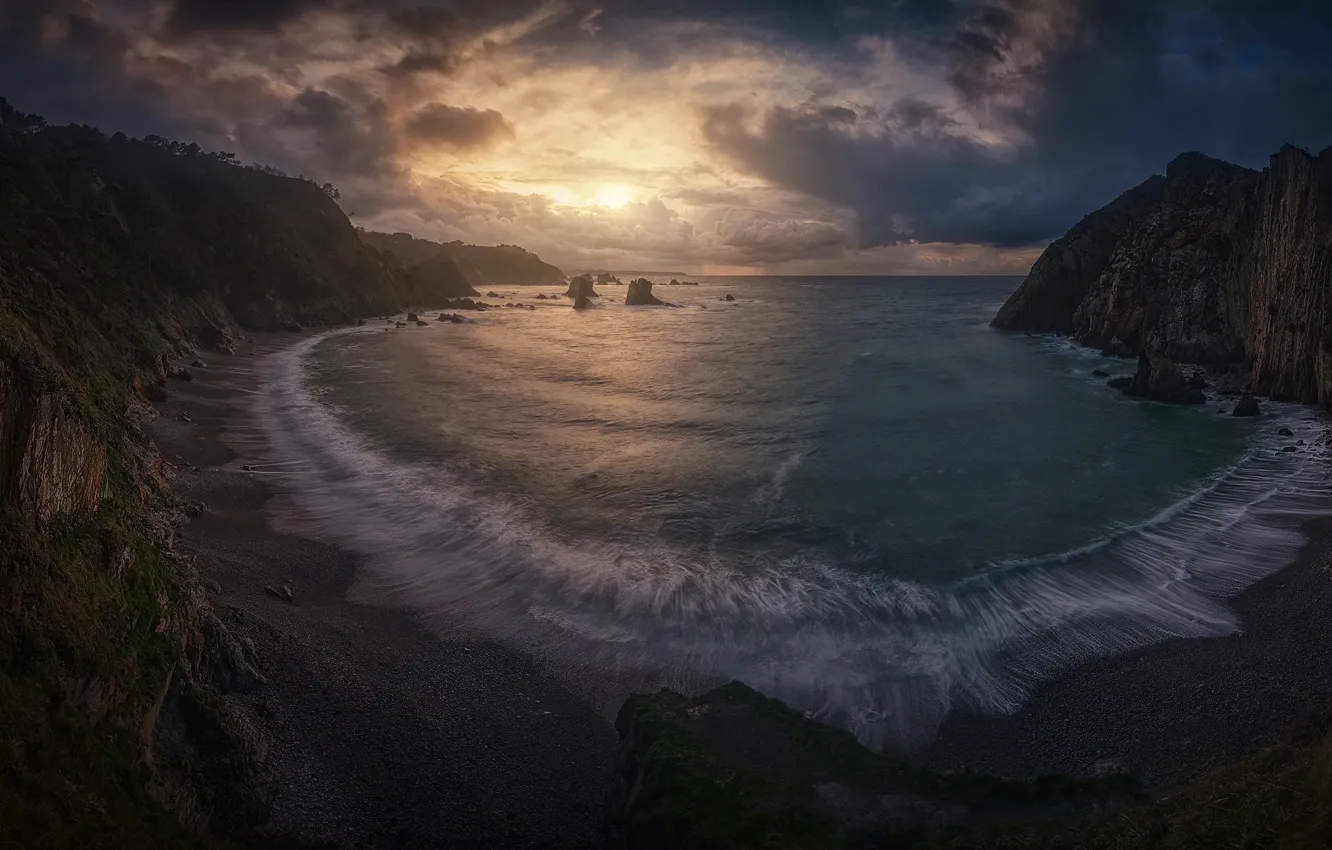 Photo wallpaper sea, beach, clouds, light, rocks