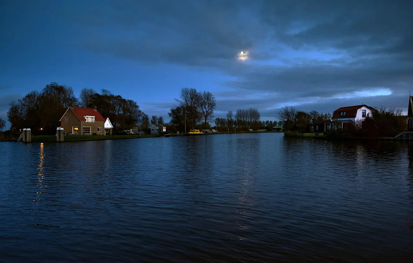 Photo wallpaper the sky, clouds, trees, lights, river, the moon, shore, home