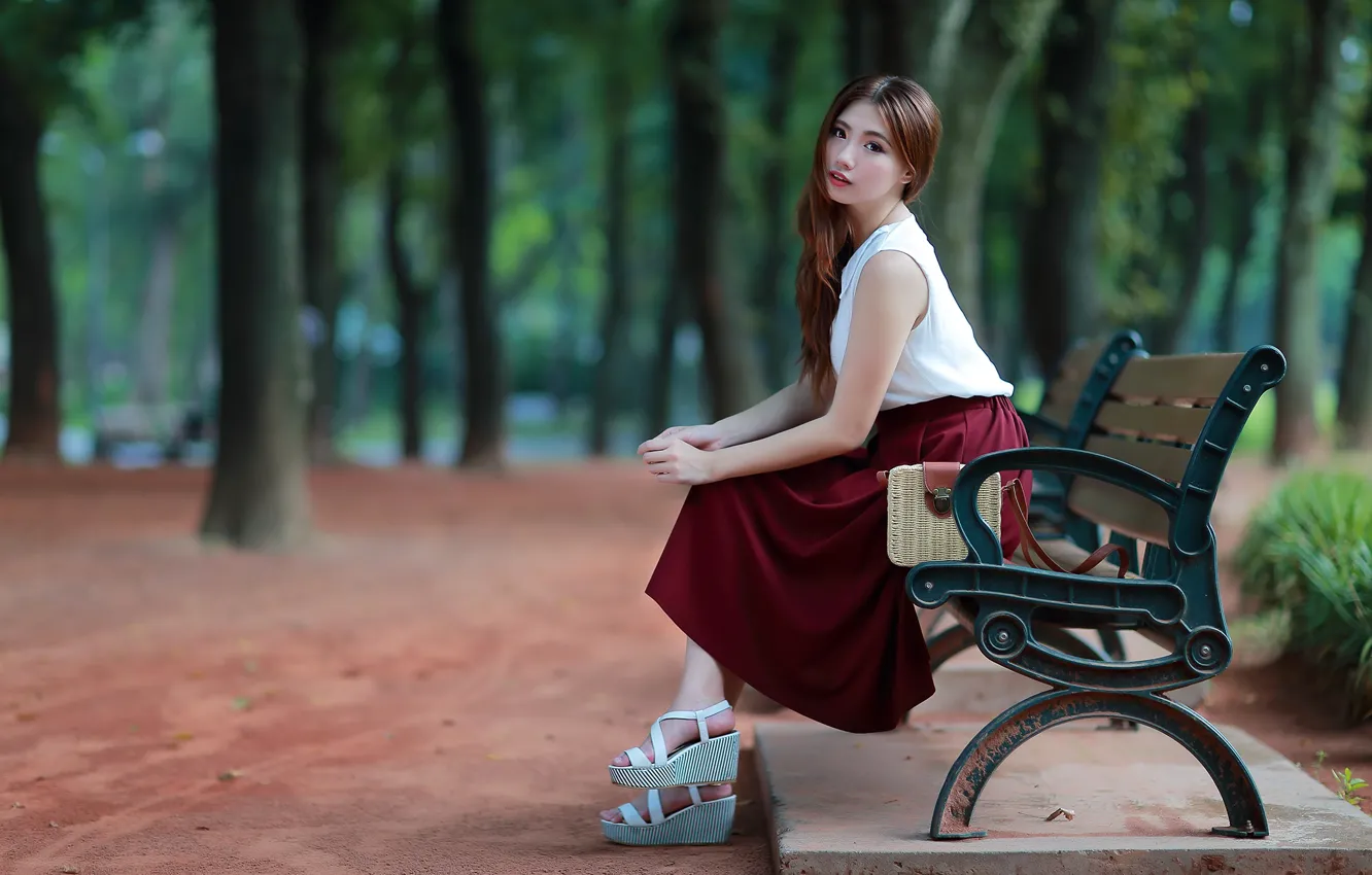 Photo wallpaper girl, Park, Asian, cutie, bench