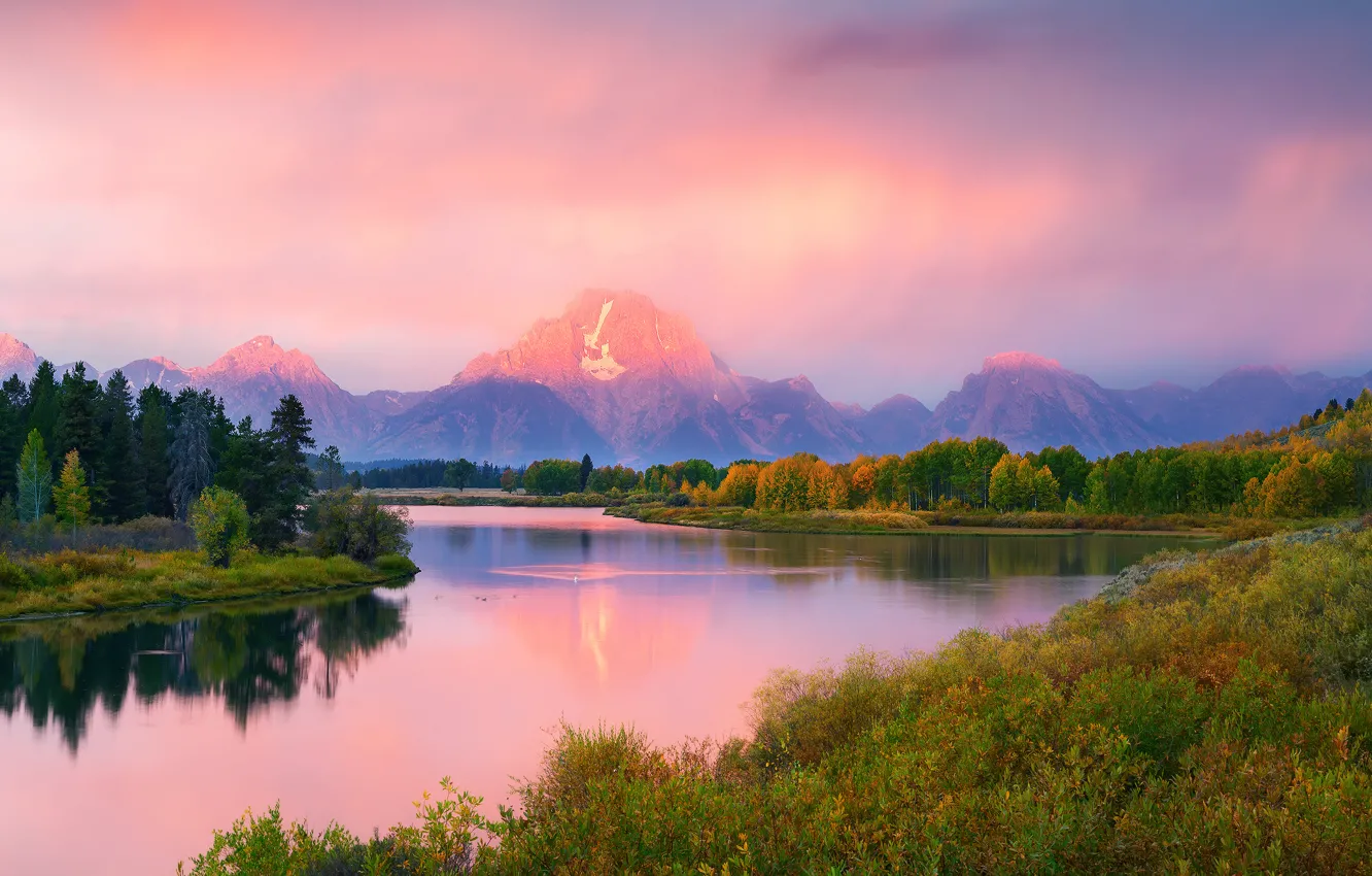 Photo wallpaper autumn, forest, mountains, river, morning, USA, Wyoming, Grand Teton national Park