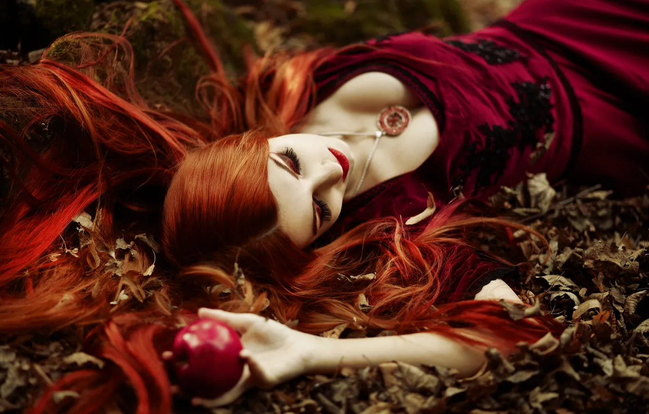 Photo wallpaper autumn, chest, girl, style, foliage, apples, sleep, makeup