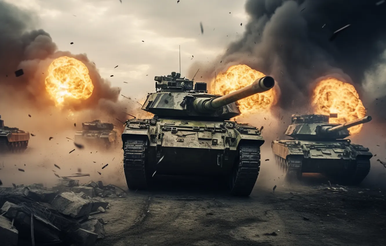 Photo wallpaper Smoke, Fire, The explosion, Tanks, Digital art, AI art, The Art of Artificial Intelligence, Neural …