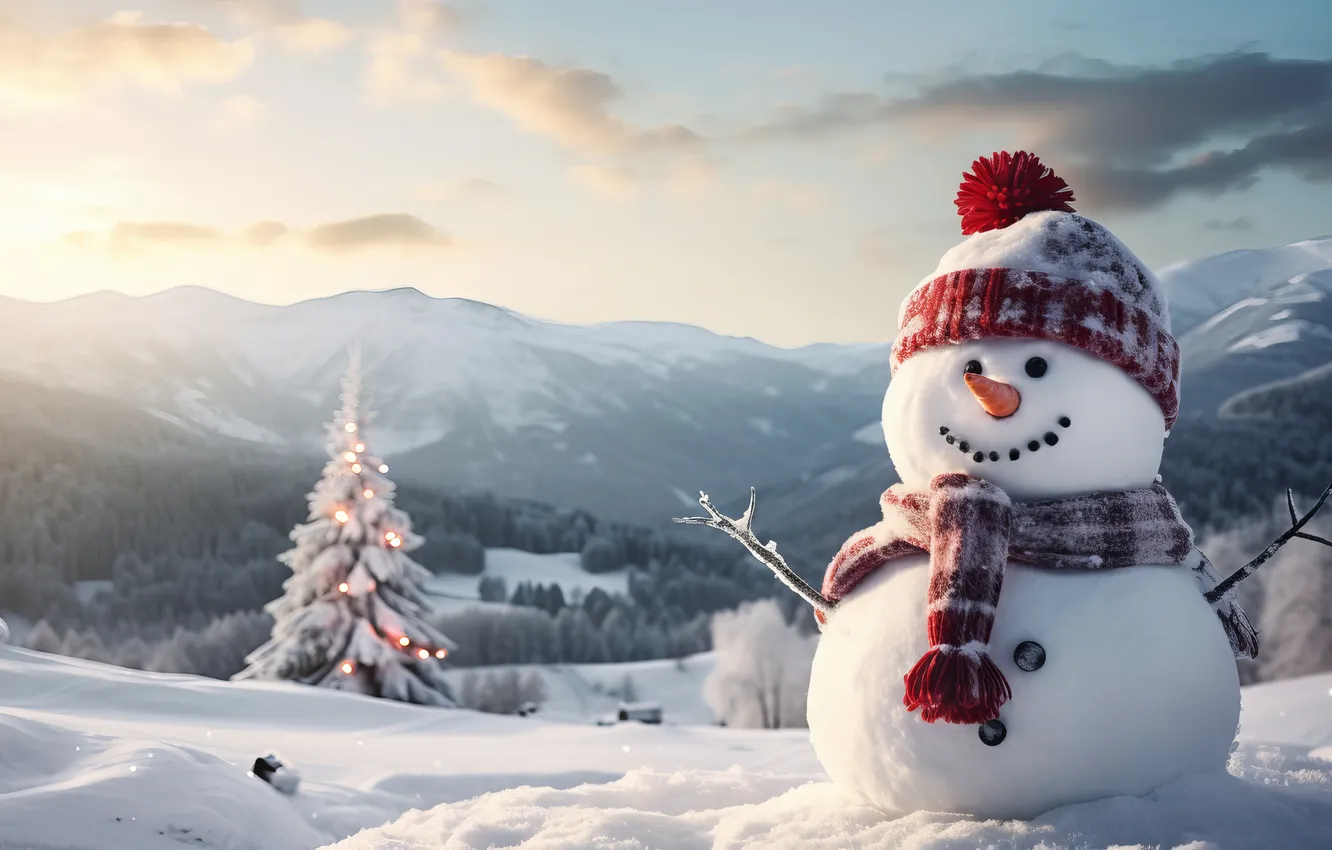 Photo wallpaper winter, snow, new year, Christmas, snowman, Christmas, winter, snow