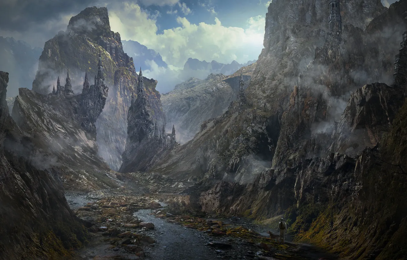 Photo wallpaper A WALK, gorge, river, traveler, mountains, rocks, castle