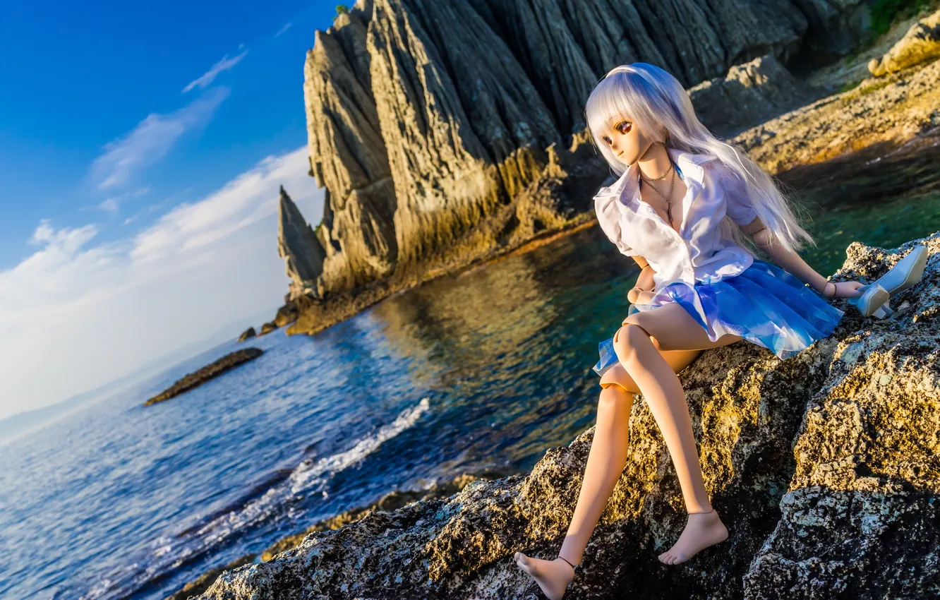 Photo wallpaper sea, water, rocks, stay, doll