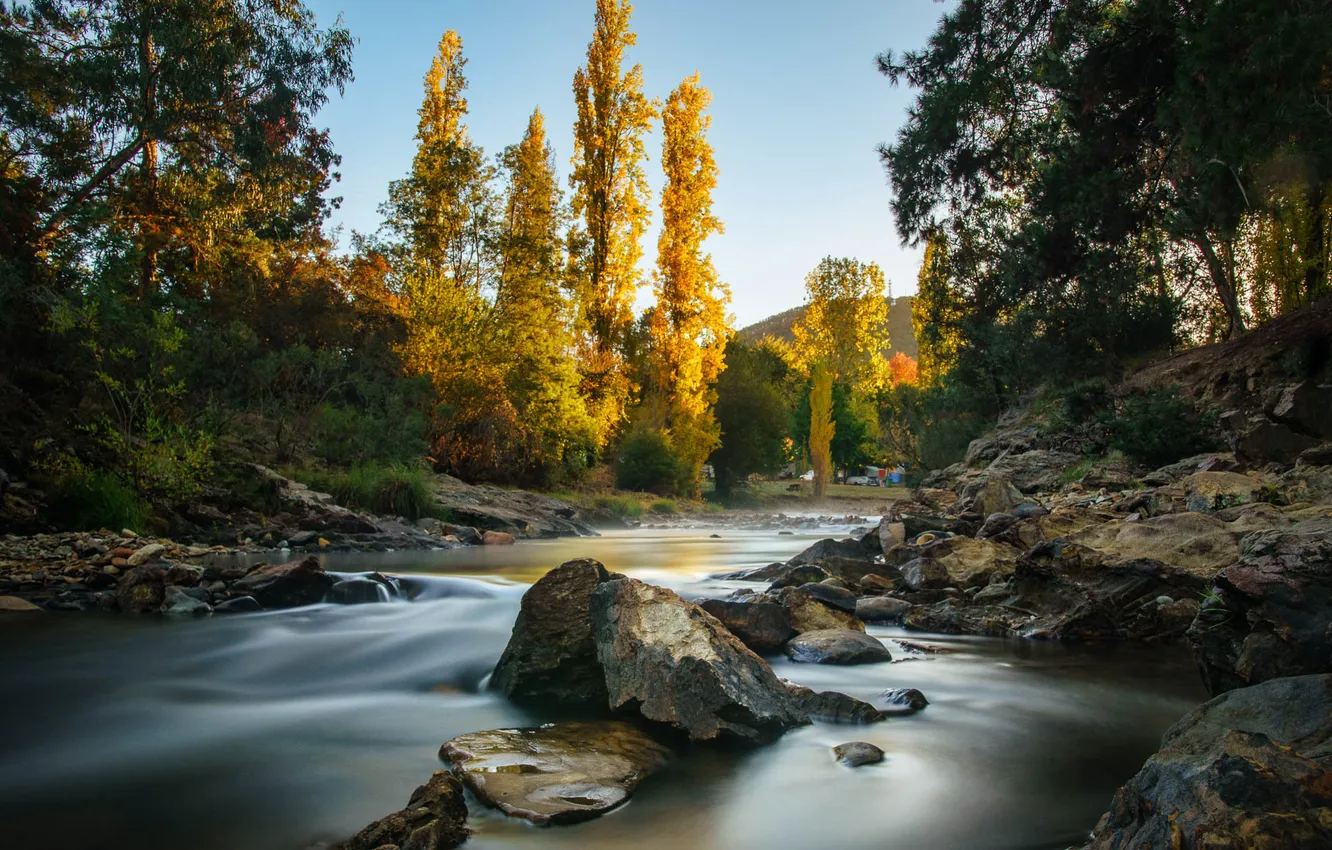 Photo wallpaper autumn, the sky, trees, river, stones