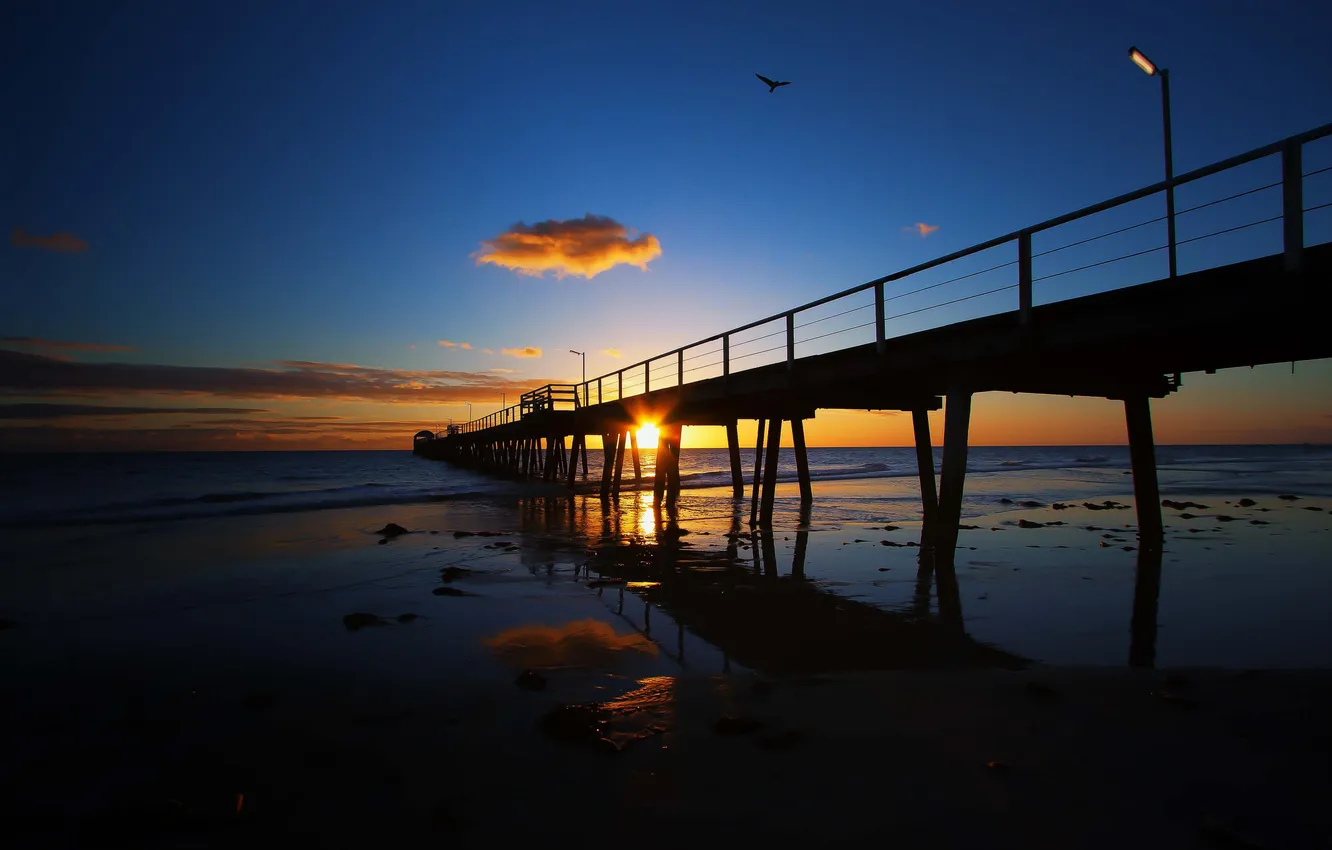 Photo wallpaper sea, the sky, clouds, sunset, shore, pierce