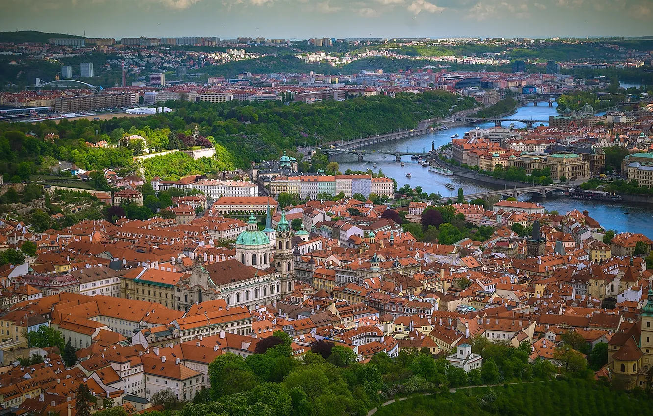 Photo wallpaper river, building, roof, Prague, Czech Republic, panorama, bridges, Prague