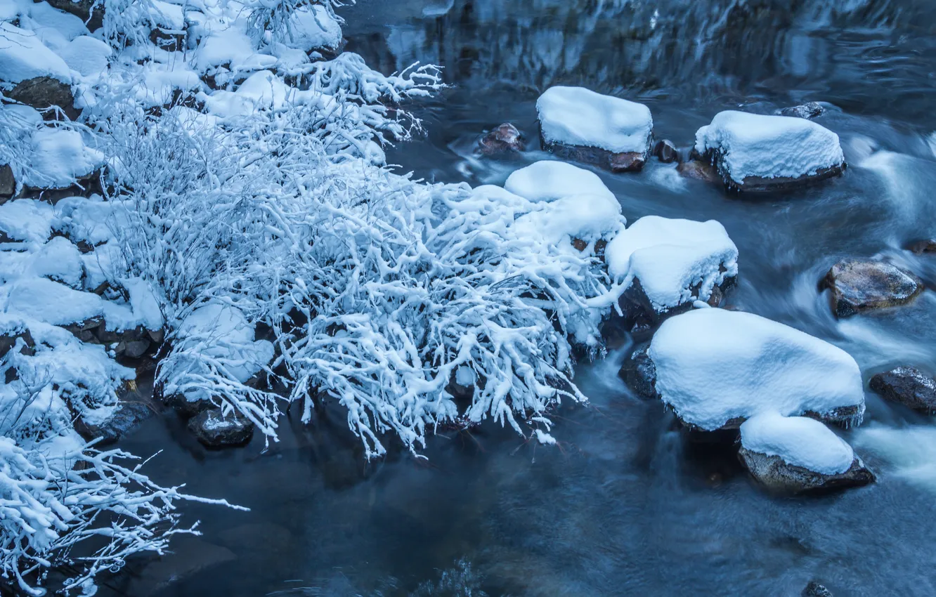 Photo wallpaper winter, snow, nature, river, stones