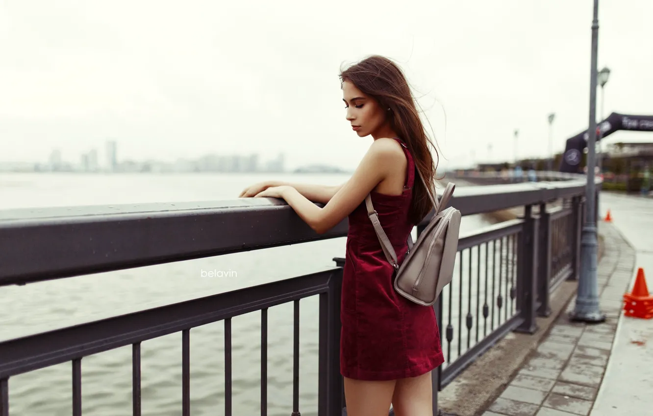 Photo wallpaper pose, river, model, makeup, dress, hairstyle, brown hair, bag
