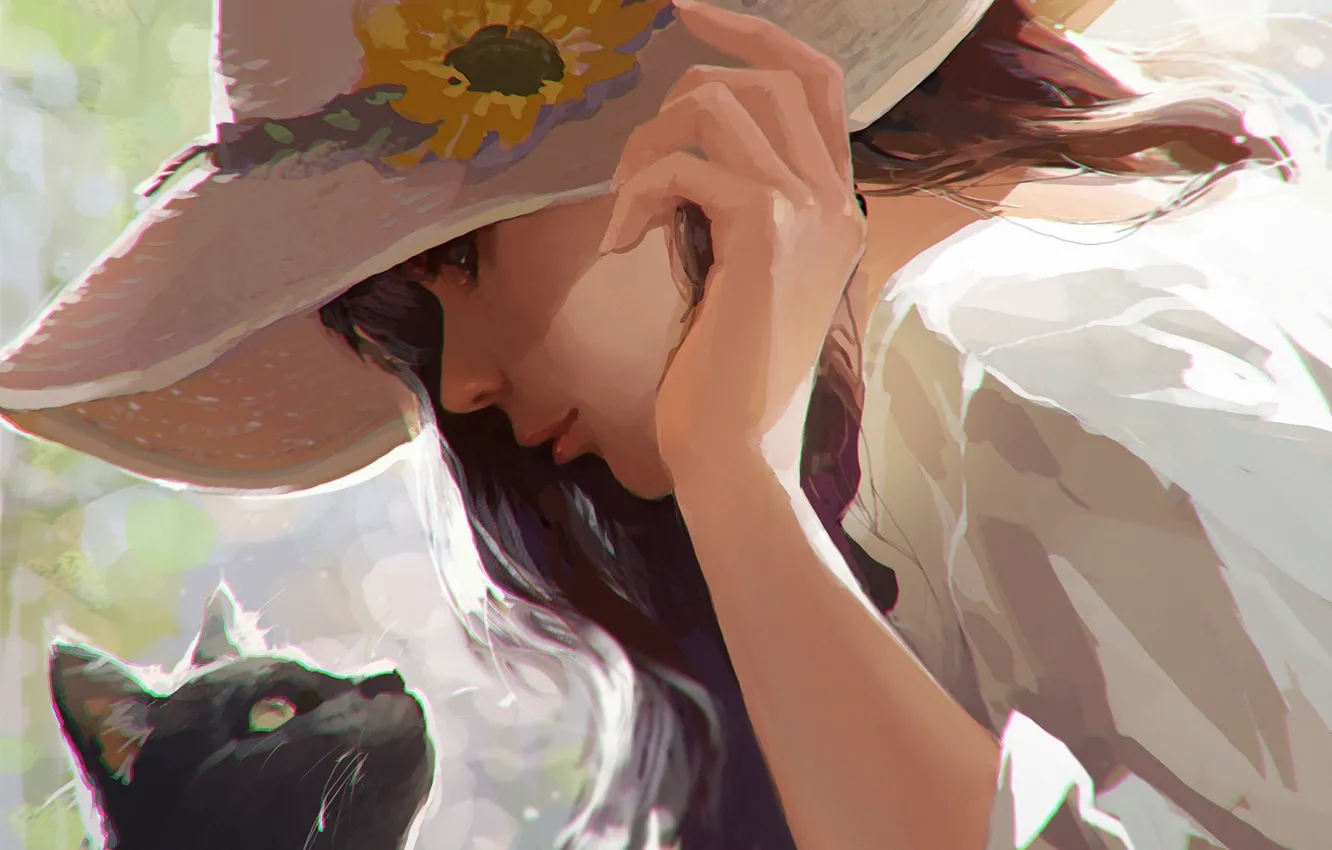 Photo wallpaper girl, in profile, straw hat, black cat, the hand on the head, white blouse, eye …