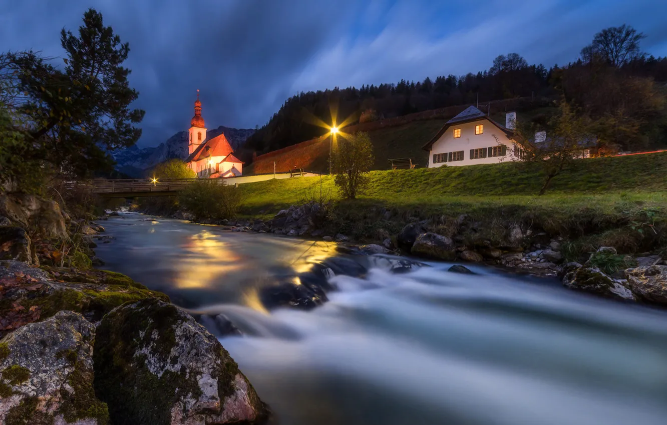 Photo wallpaper landscape, mountains, bridge, house, river, stones, morning, Germany