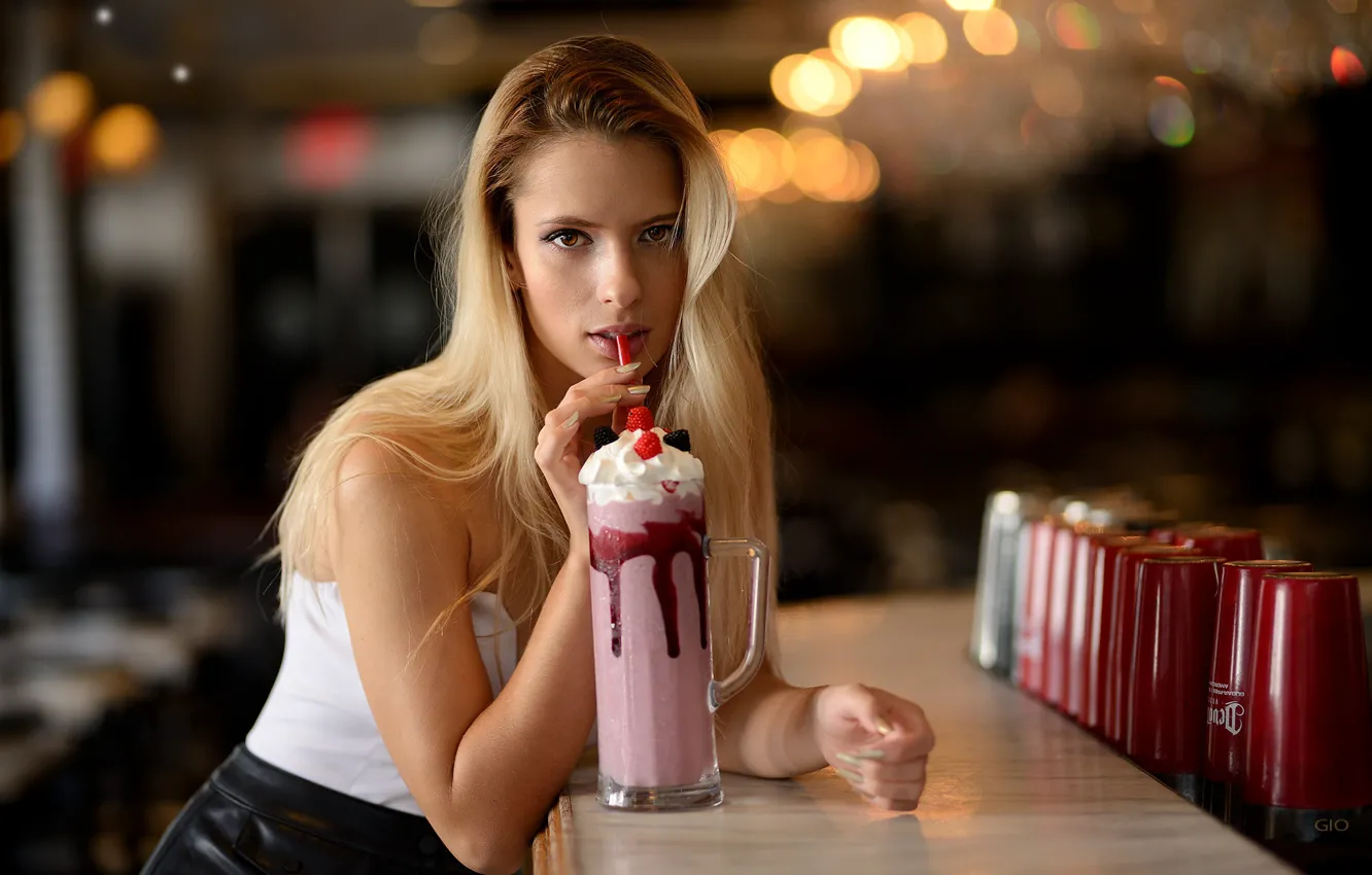 Photo wallpaper look, lights, pose, glare, model, skirt, portrait, bar