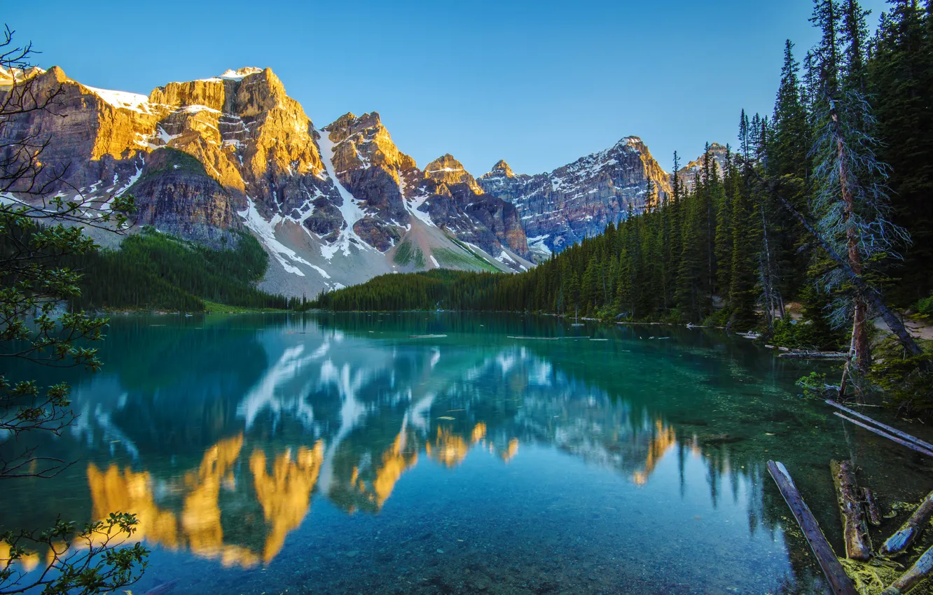 Photo wallpaper forest, mountains, lake, reflection, morning