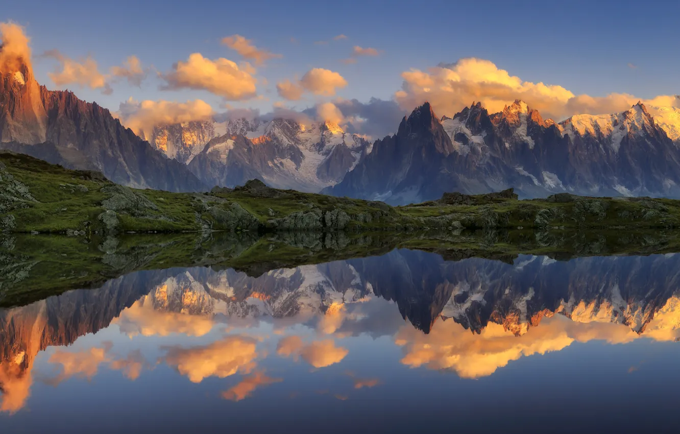 Photo wallpaper mountains, reflection, panorama, pond