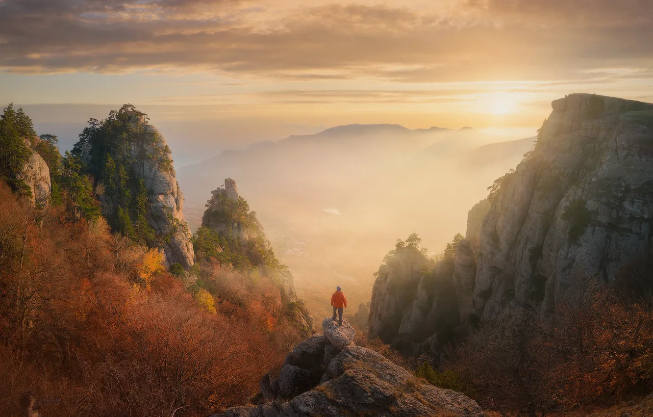 Photo wallpaper autumn, mountains, fog, rocks, dawn, people, height, the bushes