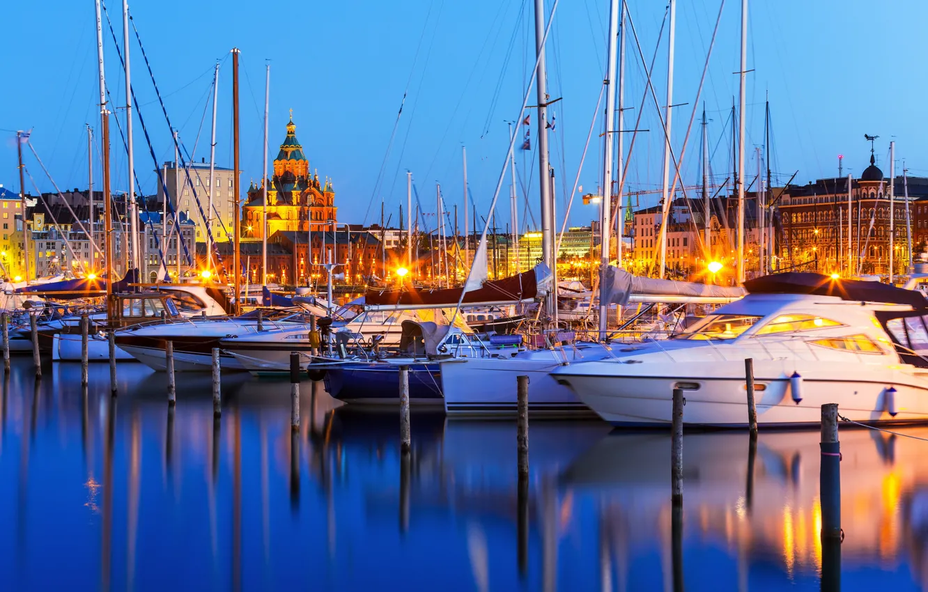 Photo wallpaper yachts, port, night city, harbour, Finland, Finland, Helsinki, Helsinki