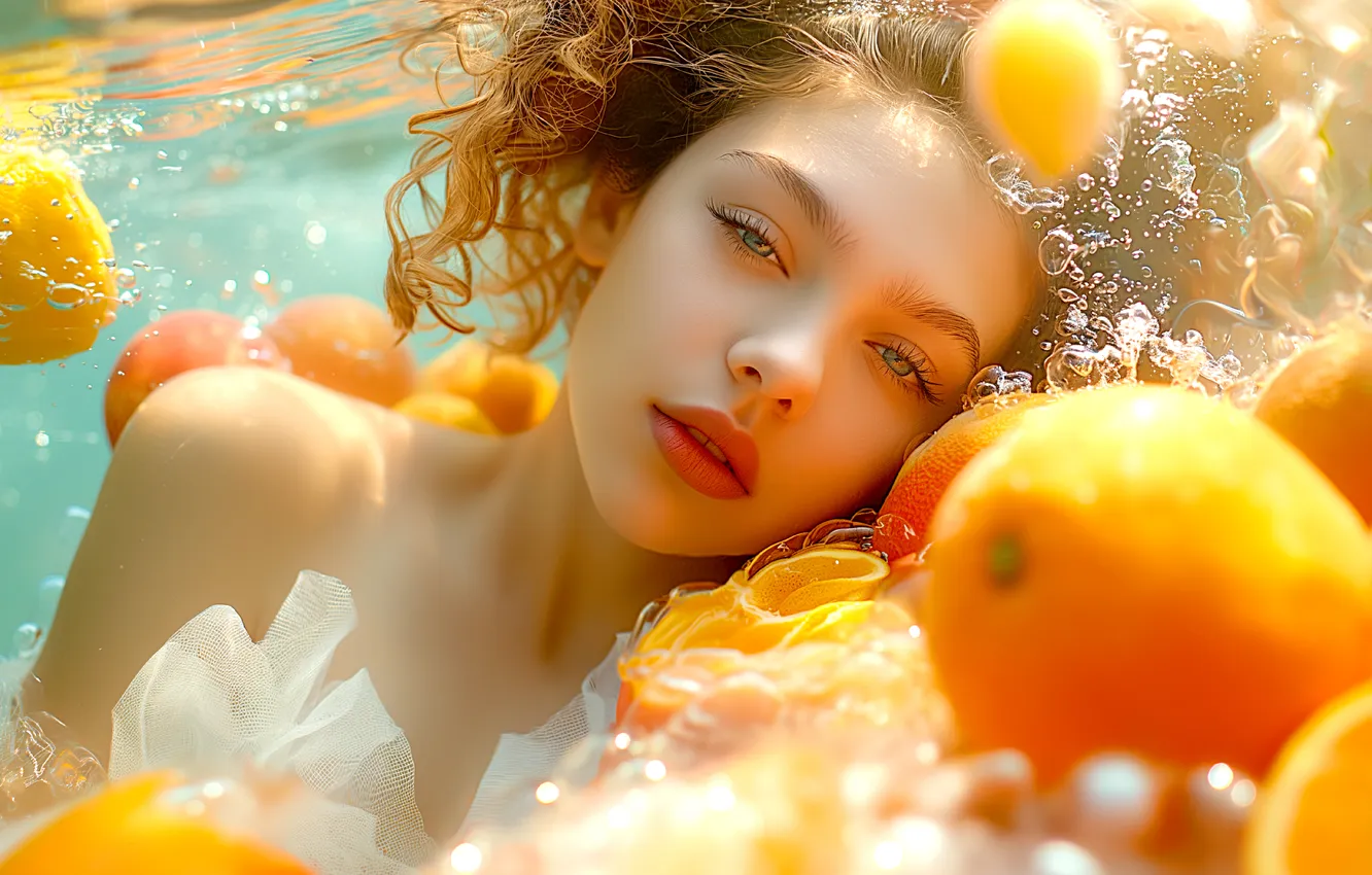 Photo wallpaper look, water, girl, light, bubbles, face, pose, orange
