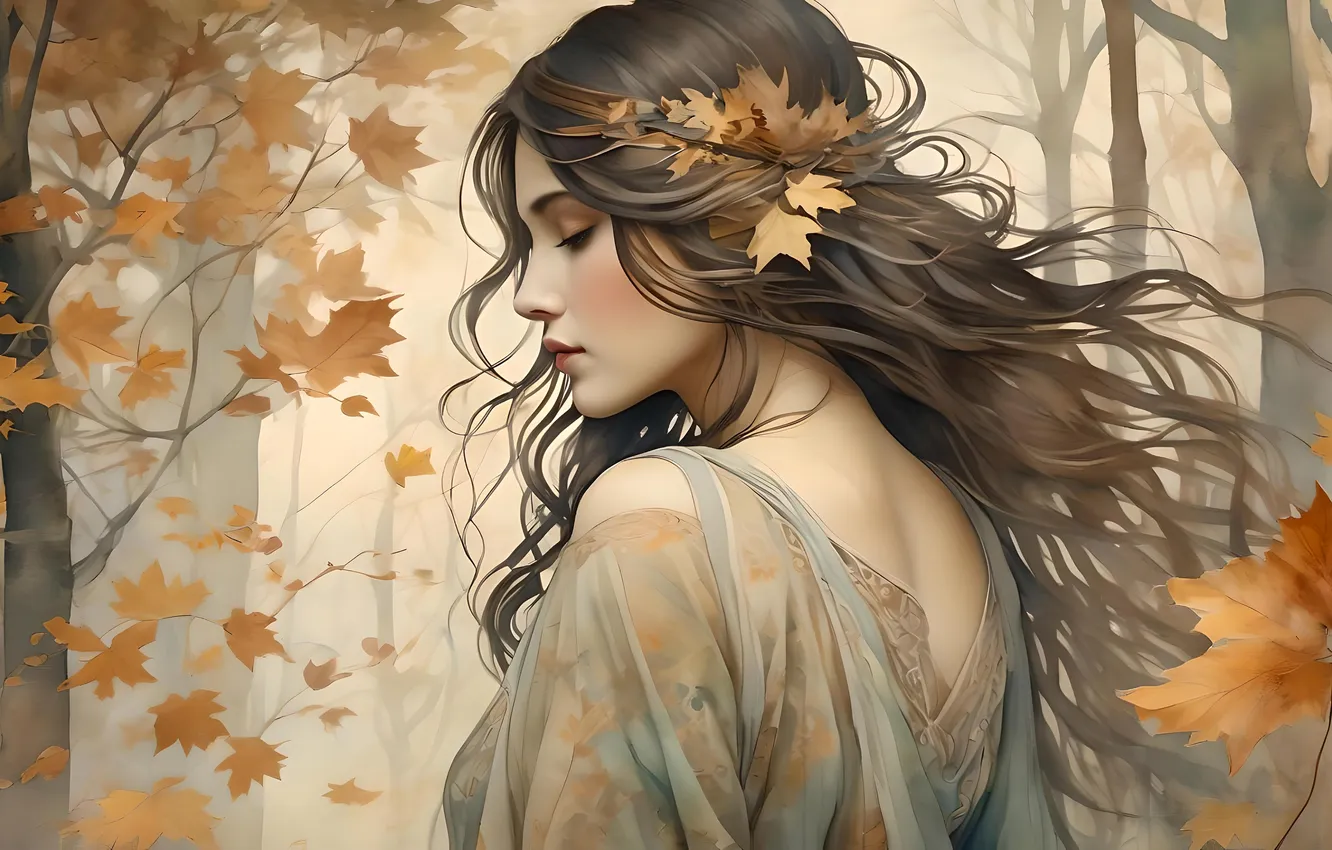 Photo wallpaper autumn, girl, foliage, AI art, neural network