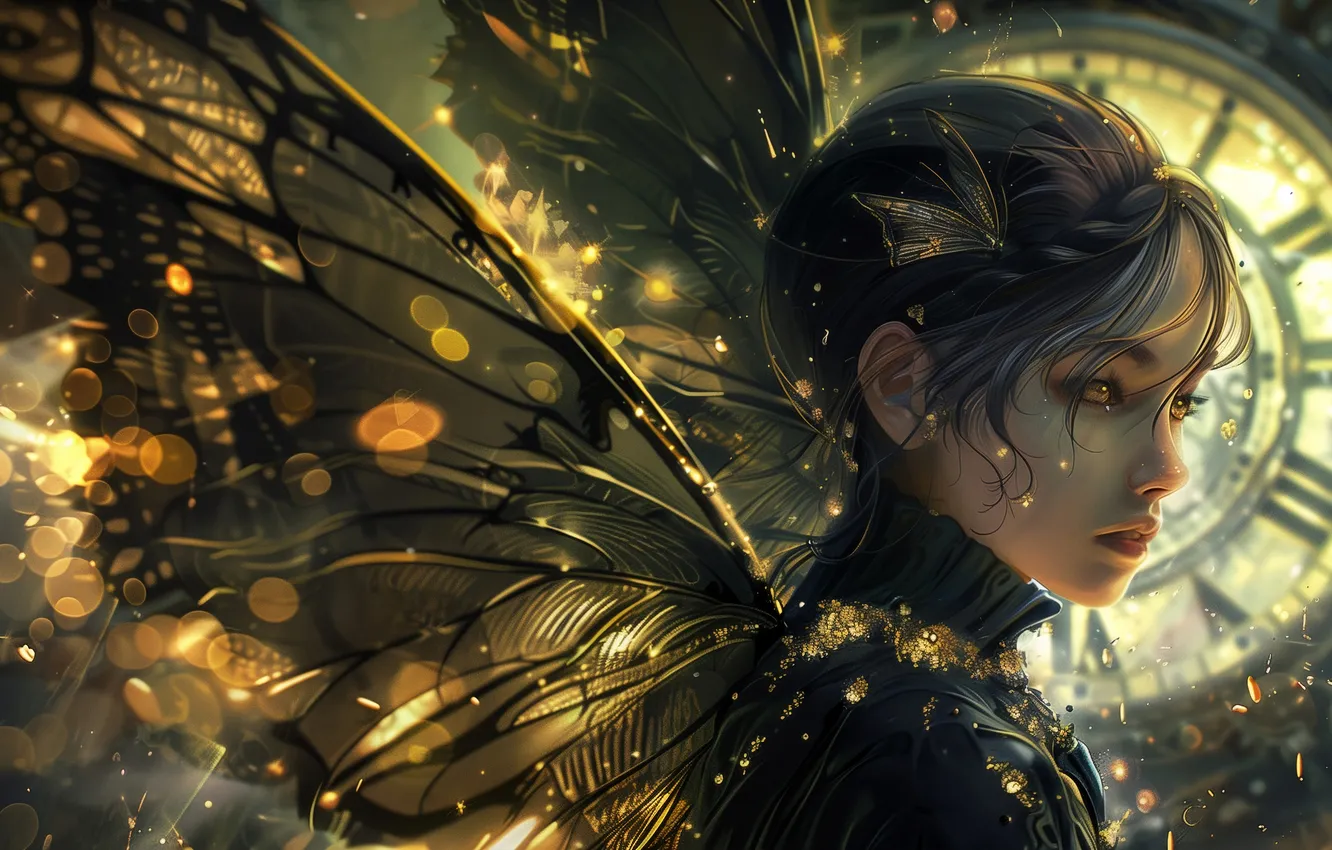 Photo wallpaper girl, light, watch, wings, fantasy, elf, AI art, neural network