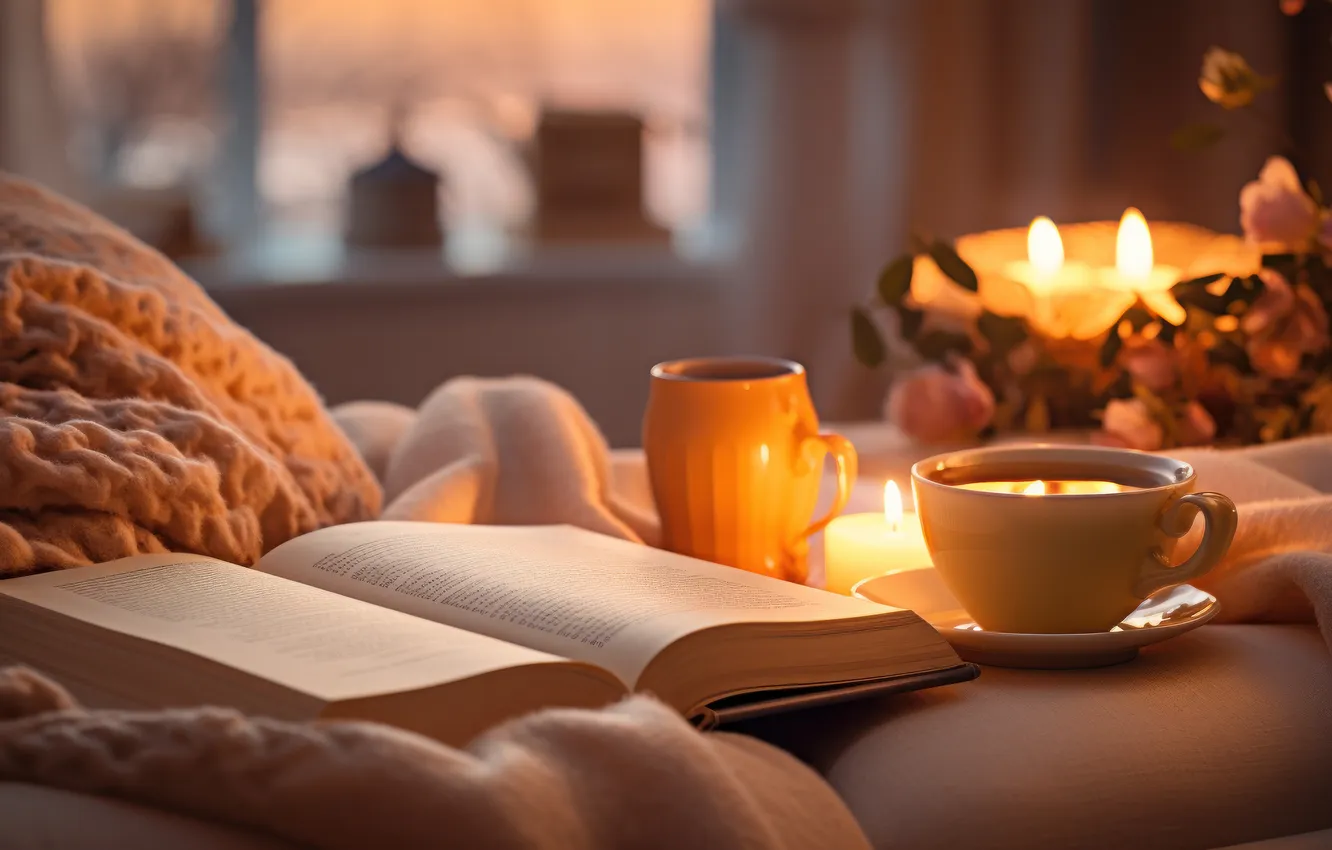 Photo wallpaper light, comfort, tea, coffee, the evening, candles, window, mug