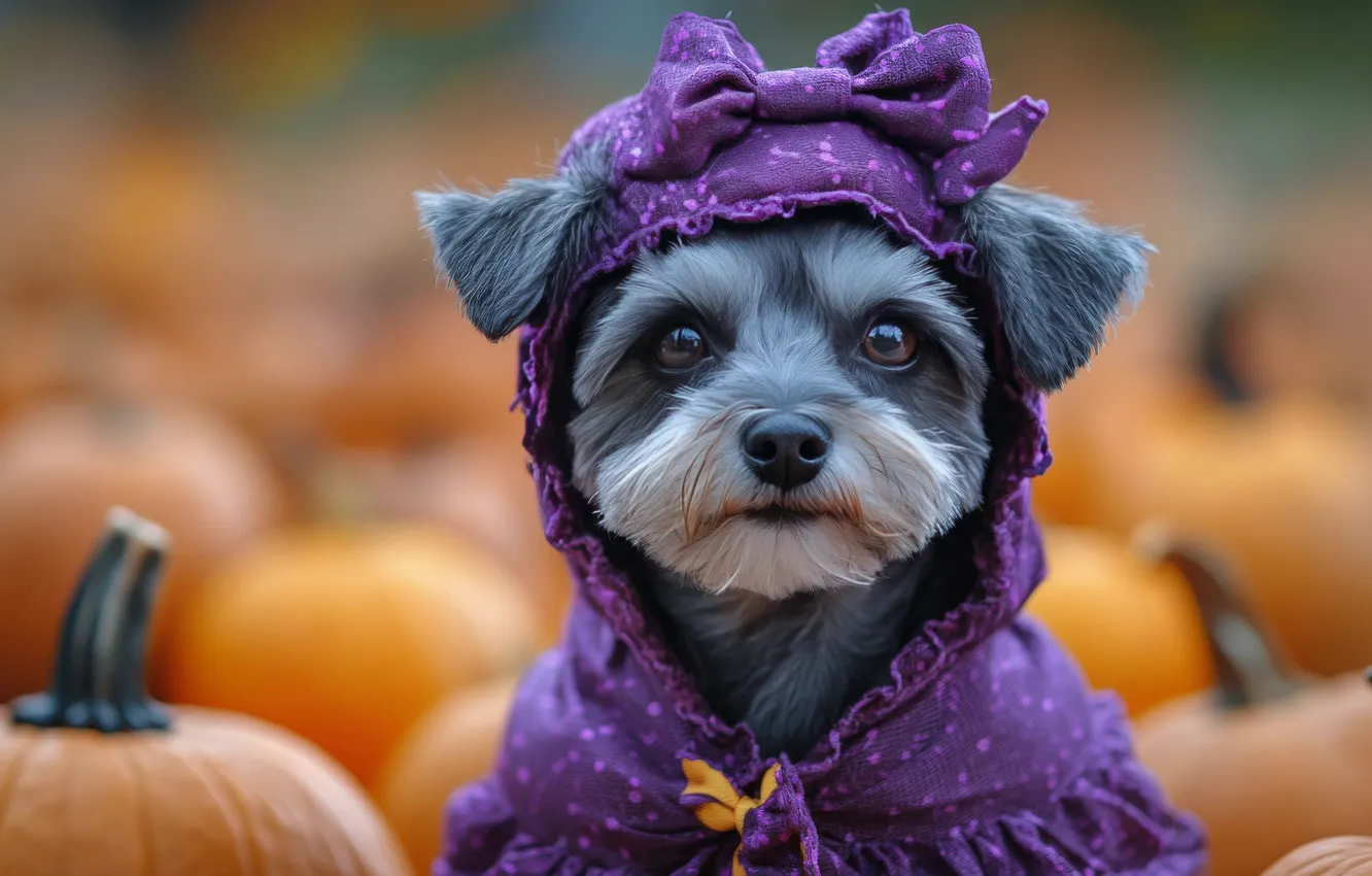 Photo wallpaper autumn, look, holiday, dog, costume, outfit, pumpkin, Halloween