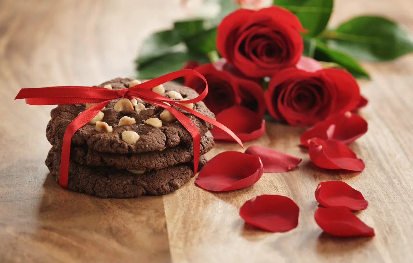 Photo wallpaper bouquet, petals, cookies, red, romantic, Valentine's Day, gift, roses