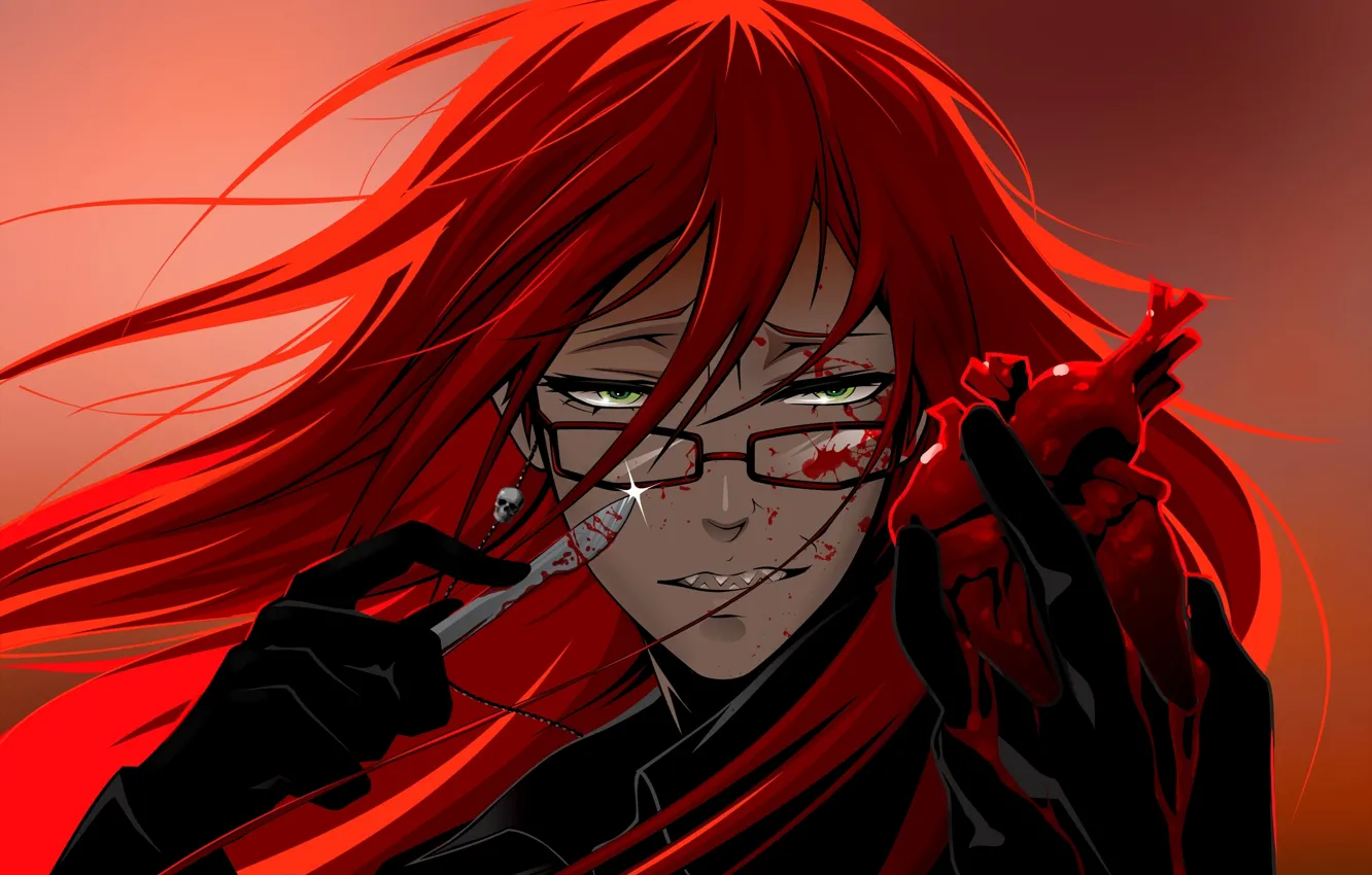 Photo wallpaper blood, heart, art, glasses, guy, red hair, Dark Butler, Grell Sutcliff