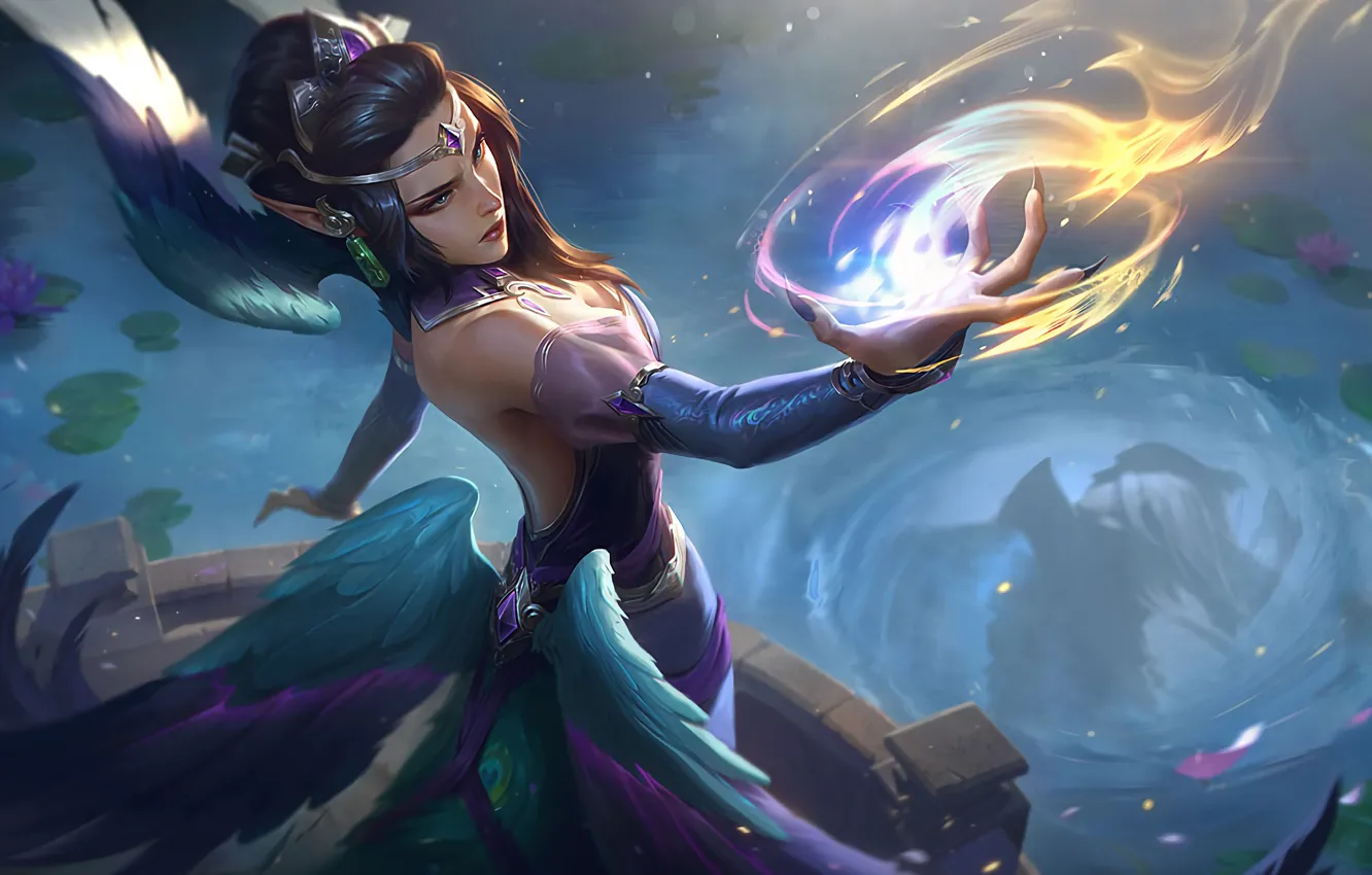 Photo wallpaper fire, girl, fantasy, game, magic, wings, blue eyes, League of Legends