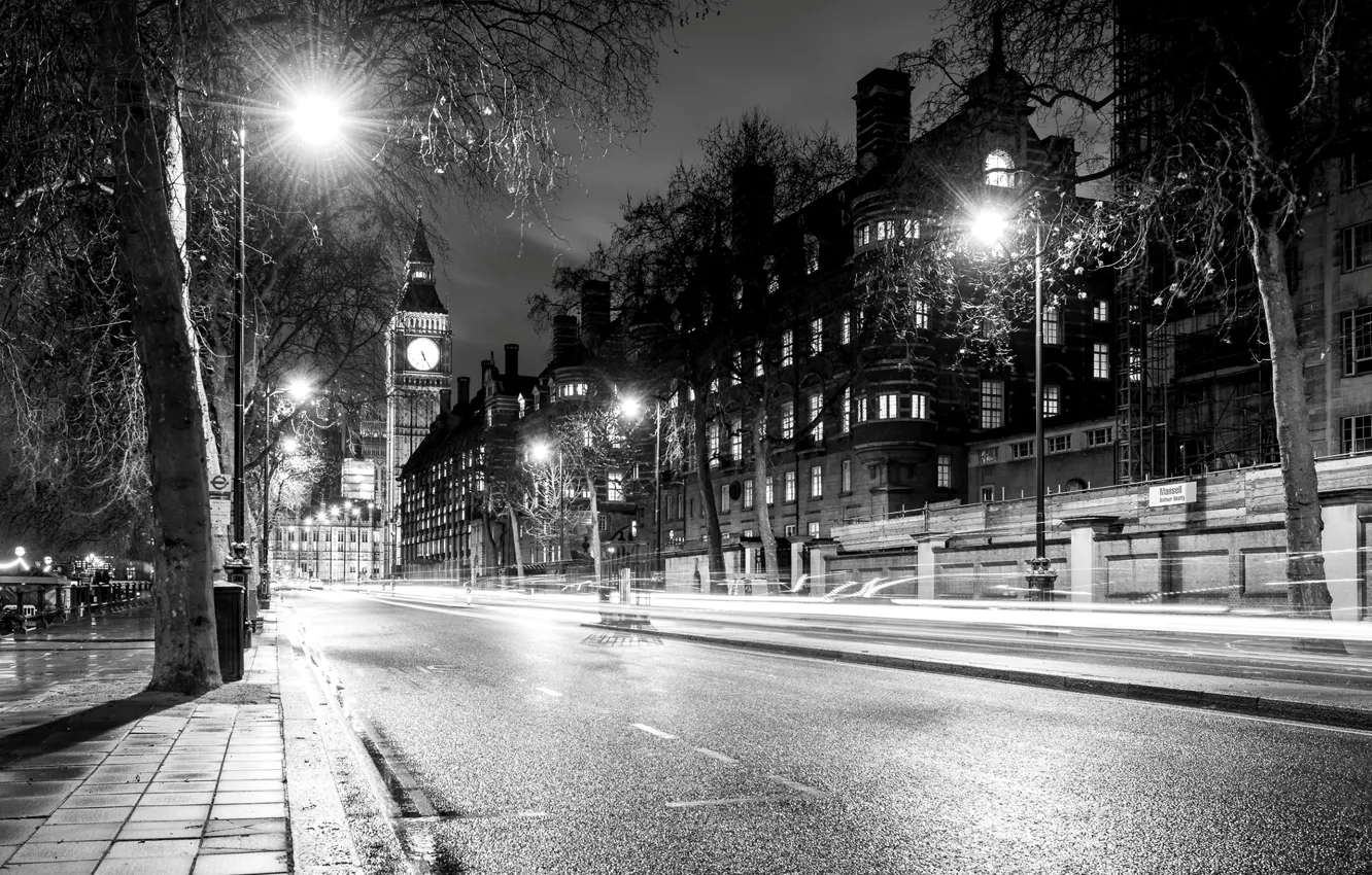 Photo wallpaper road, light, trees, night, the city, England, London, building