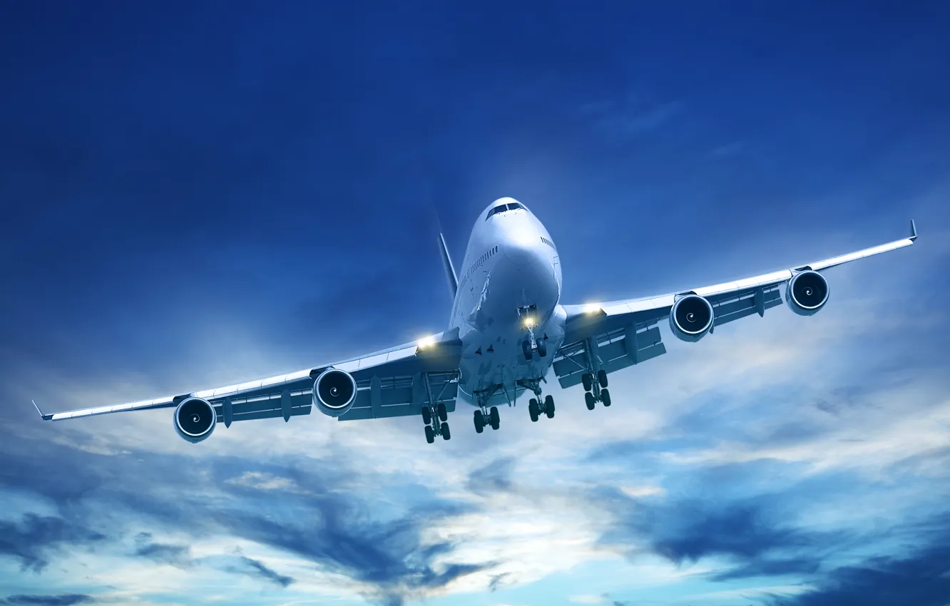 Photo wallpaper the sky, clouds, flight, lights, the plane