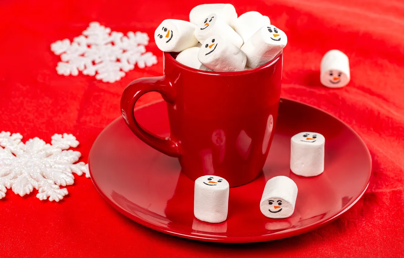 Photo wallpaper snowflakes, creative, table, holiday, new year, mug, sweets, red background