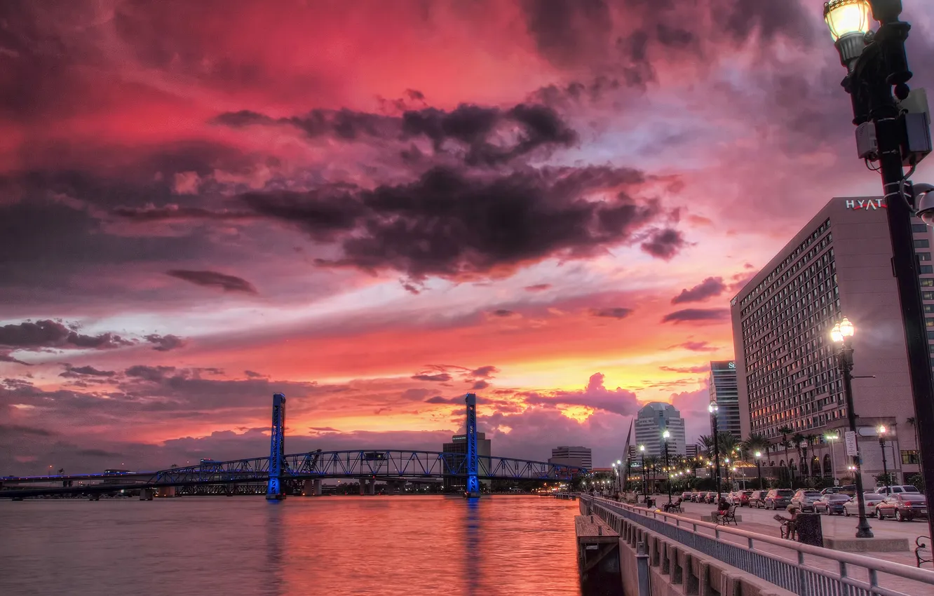 Photo wallpaper the sky, clouds, landscape, sunset, bridge, city, the city, river