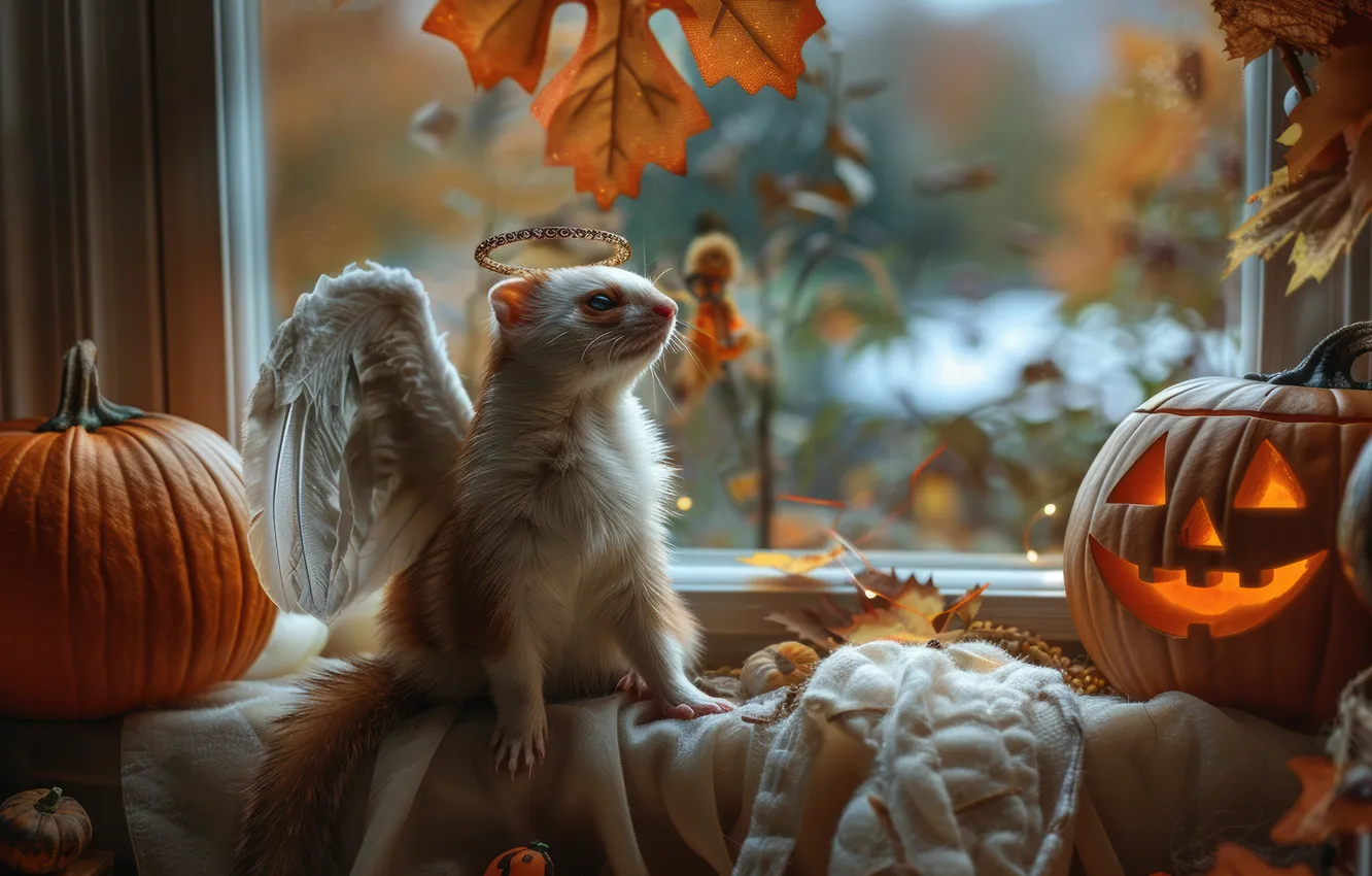 Photo wallpaper Halloween, neural network, look, holiday, AI art, ferret, autumn, the scenery