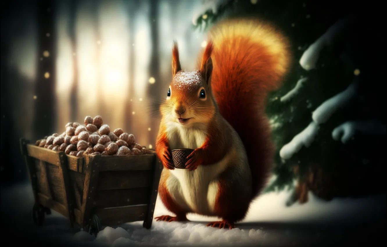 Photo wallpaper winter, light, snow, rendering, graphics, spruce, protein, art