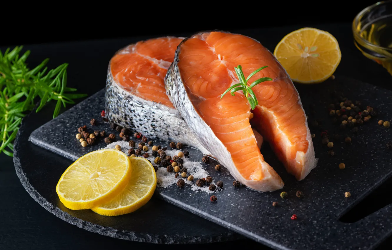Photo wallpaper red, table, lemon, fish, pepper, black background, placer, slices