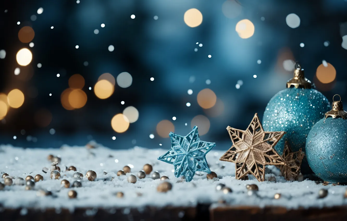 Photo wallpaper snow, decoration, night, balls, new year, Christmas, Christmas, balls