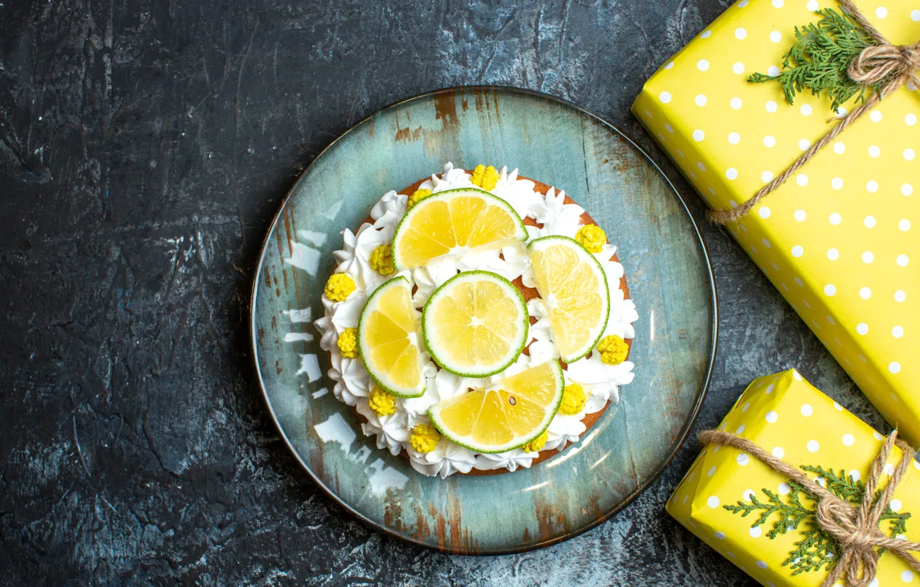 Photo wallpaper yellow, sprig, table, box, gift, pattern, new year, cake