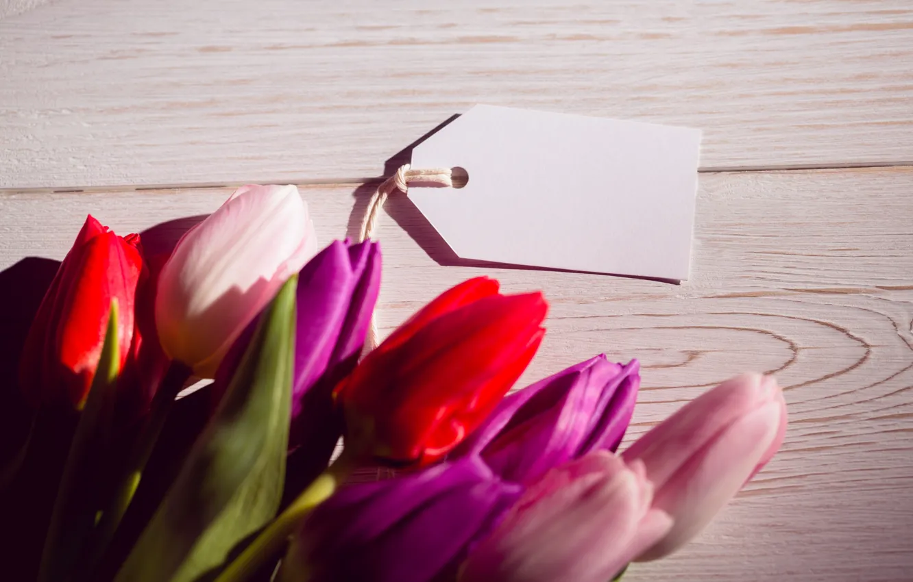 Photo wallpaper flowers, bouquet, colorful, tulips, red, white, wood, flowers