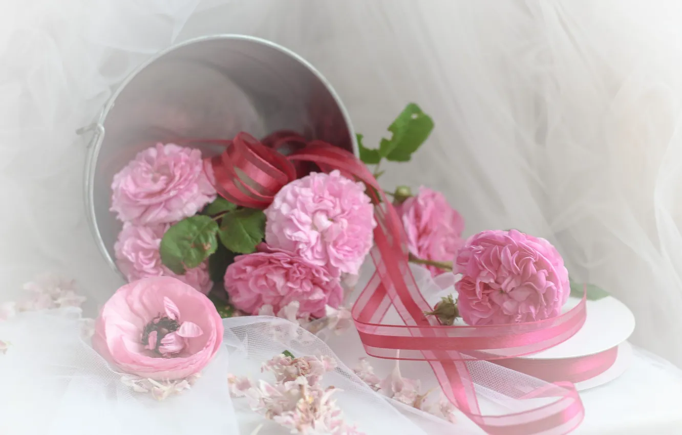 Photo wallpaper flowers, bouquet, bucket, tape