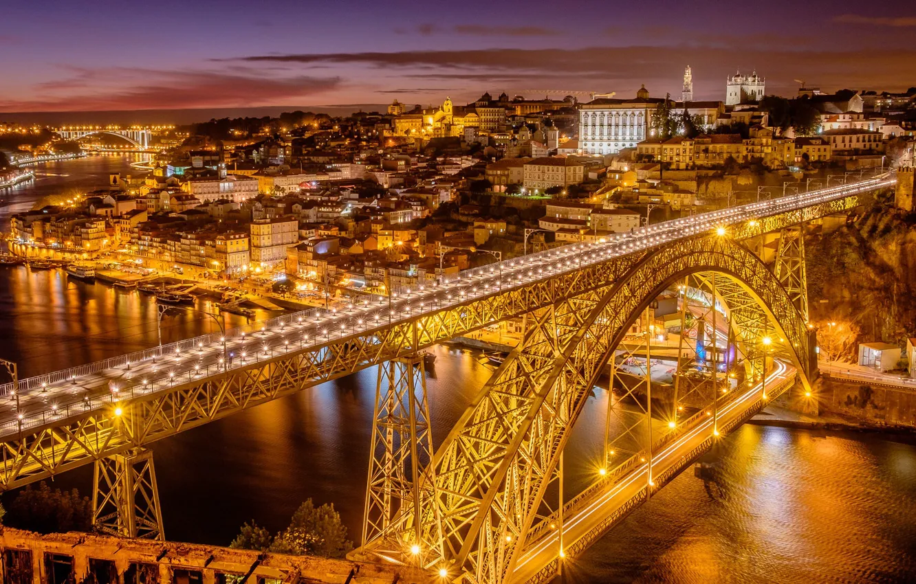 Photo wallpaper bridge, river, panorama, Portugal, night city, Portugal, Vila Nova de Gaia, Porto
