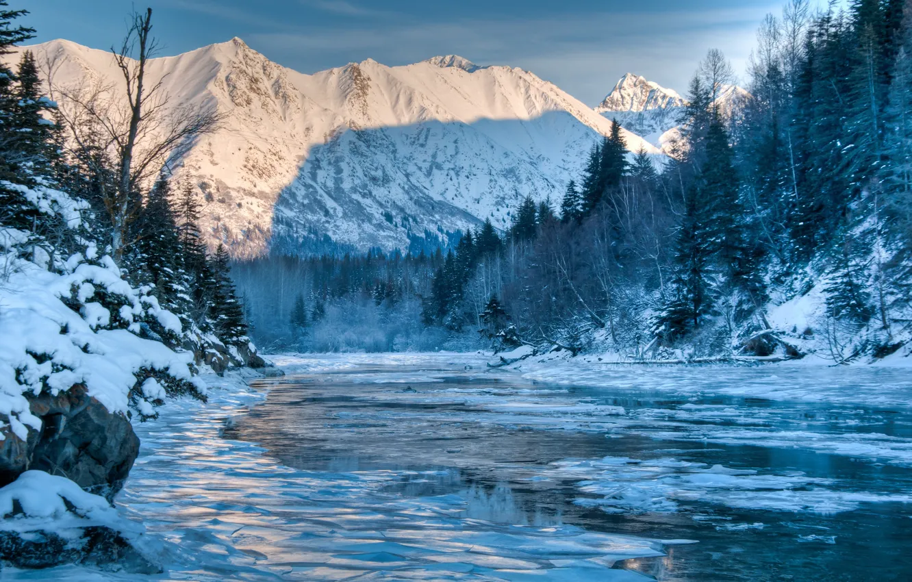 Photo wallpaper winter, forest, landscape, mountains, nature, river, Alaska