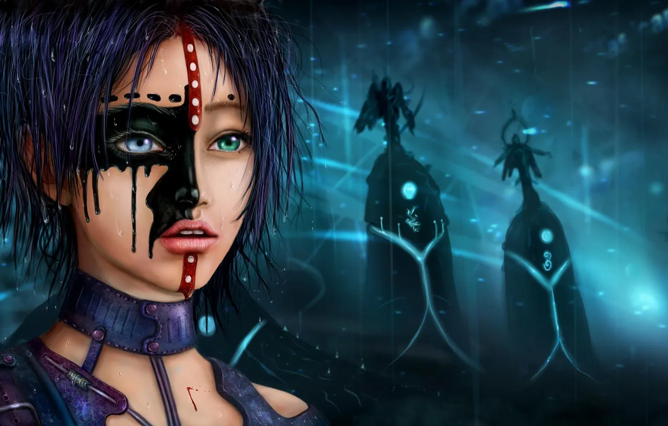 Photo wallpaper girl, drops, face, background, paint, art, purple hair